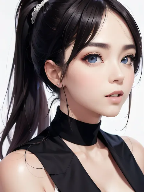 masterpiece, highest quality, perfect face, white background, 1 female, portraiture、beautiful eyes、beautiful eyes、ponytail