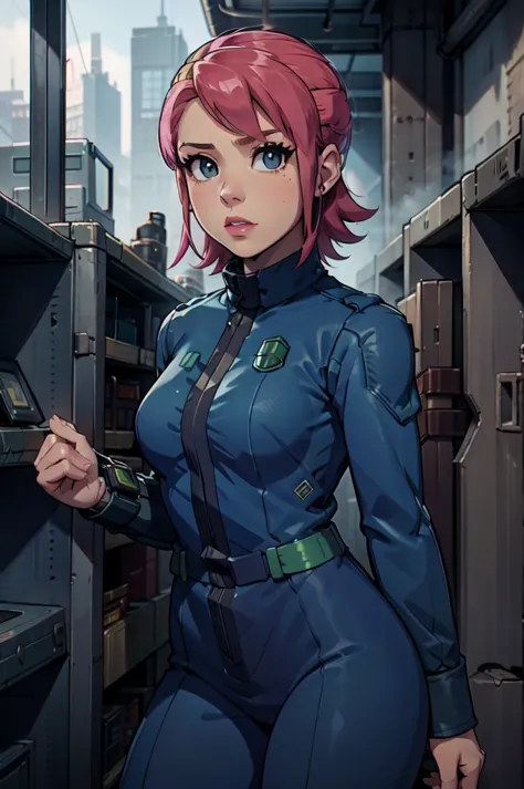 Mayl Sakurai reimagined as a vault dweller, doing maintenance in an underground vault. Her vibrant pink hair stands out against ...