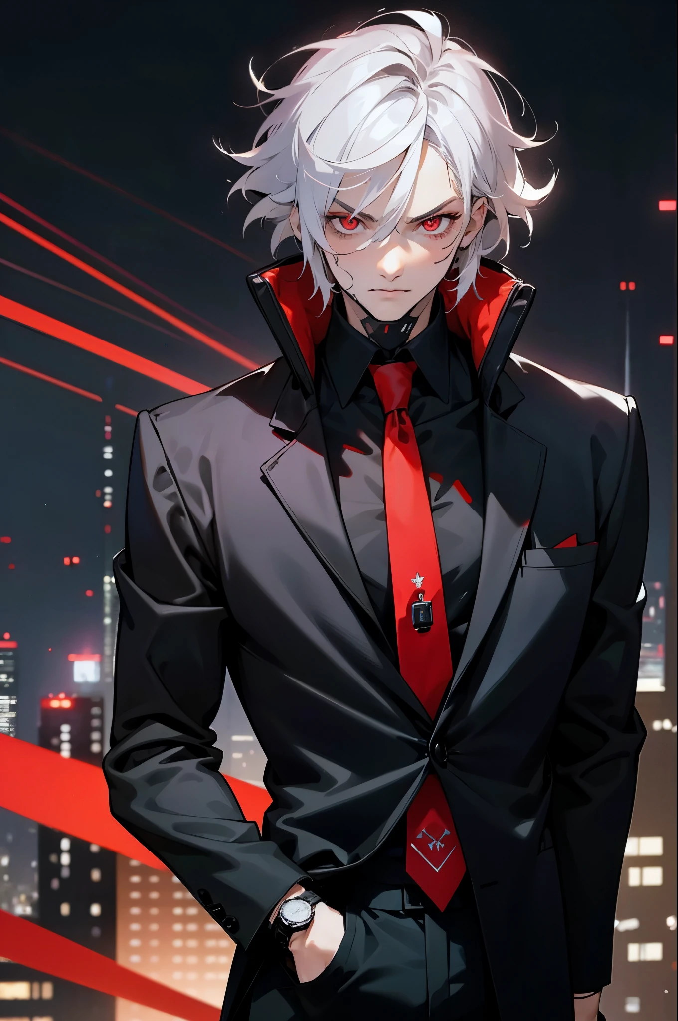 1male, Adult, Silver Hair, Short Hair, Black Suit, Red Tie, Red Eyes, Perfect Generation, Perfect Eyes, Black Pants, Fancy Watch, Cybepunk Facial Implant, City, Night Time, Messy Hair, Serious Face