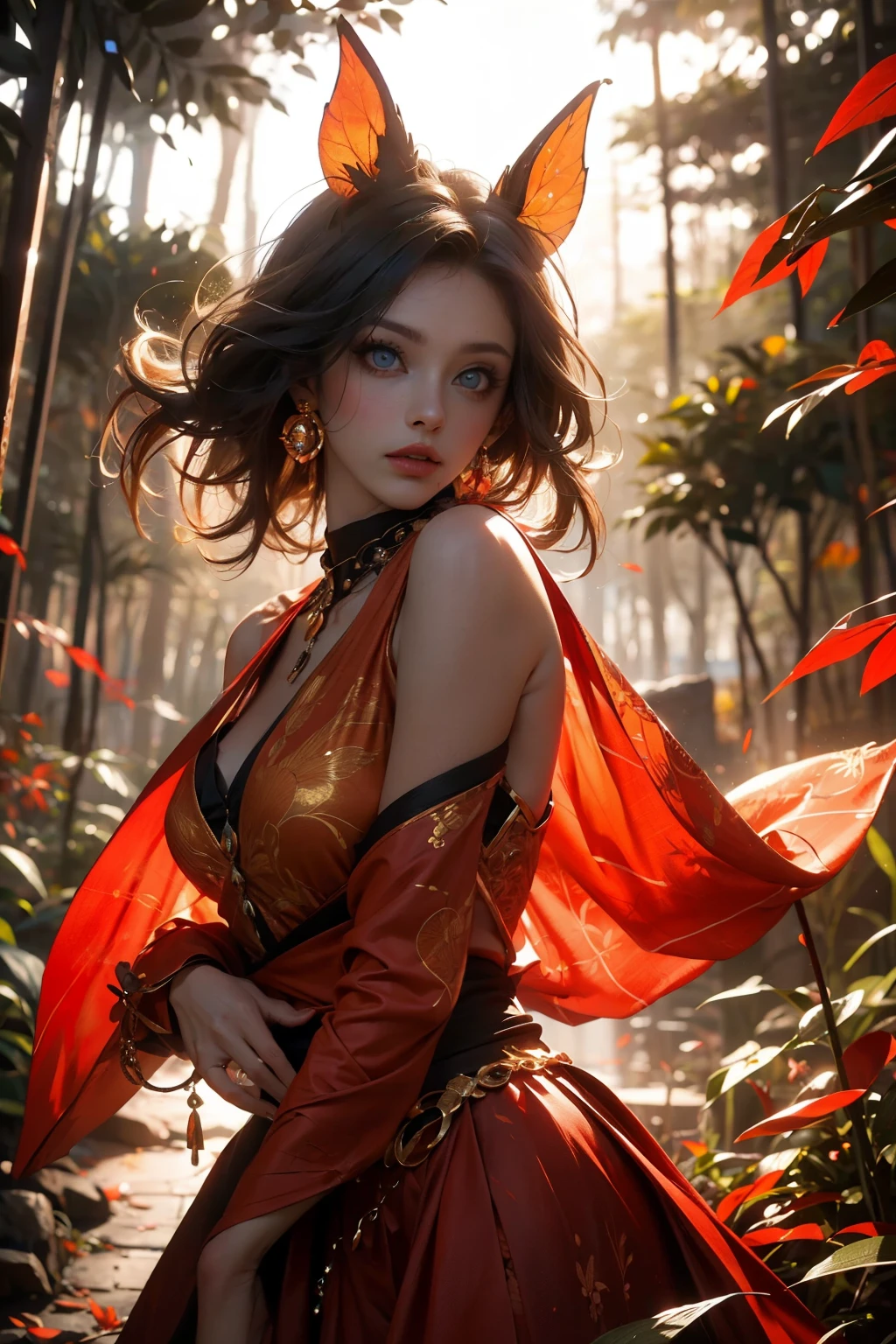 This is an ((ultra detailed)) and ((best quality)) fantasy (((masterpiece))). Generate a beautiful wood faerie standing in the middle of a magical forest. Detailed leaves of oranges and reds float through the air and seem to swirl in a strong gust of wind. The ((faerie's eyes are important)) and are beautiful eyes, ((realistically detailed eyes)), interesting eyes, and (((colorful eyes))) with complex patterns. Her clothes are soft and in autumnal hues, with flowing silk that dances in the breeze. Utilize ((dynamic composition)) and cinematic lighting to create a compelling image. Include beautiful eyes, (puffy lips), orange leaves, red detailed leaves, hazy rays of light, wind, cold 