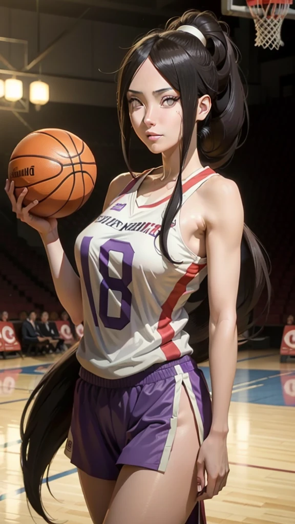 hyuuga hanabi, long hair tied low, hair band, hana purple eyes, ponytail, beautiful, beautiful woman, perfect body, perfect breasts, wearing a basketball jersey, on the basketball court, holding a basketball, basketball hoop, looking at the audience, little smile, realism, masterpiece, textured skin, super detail, high detail, high quality, best quality, 1080p, 16k