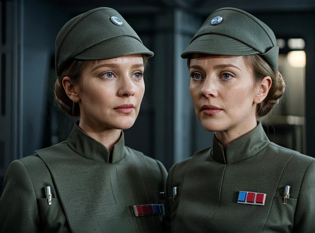 fashion photography of young Julie Andrews in olive gray imperialofficer uniform and hat, brown hair in bun, speaking to Glynis Johns wearing olive gray imperialofficer uniform and hat, blonde hair in bun, (underboob:1.1), subsurface scattering, sharp focus (Flickering light:1.1), dlsr, ultra sharp, professional Photographer, subsurface scattering, film grain, very detailed skin texture, nsfw 