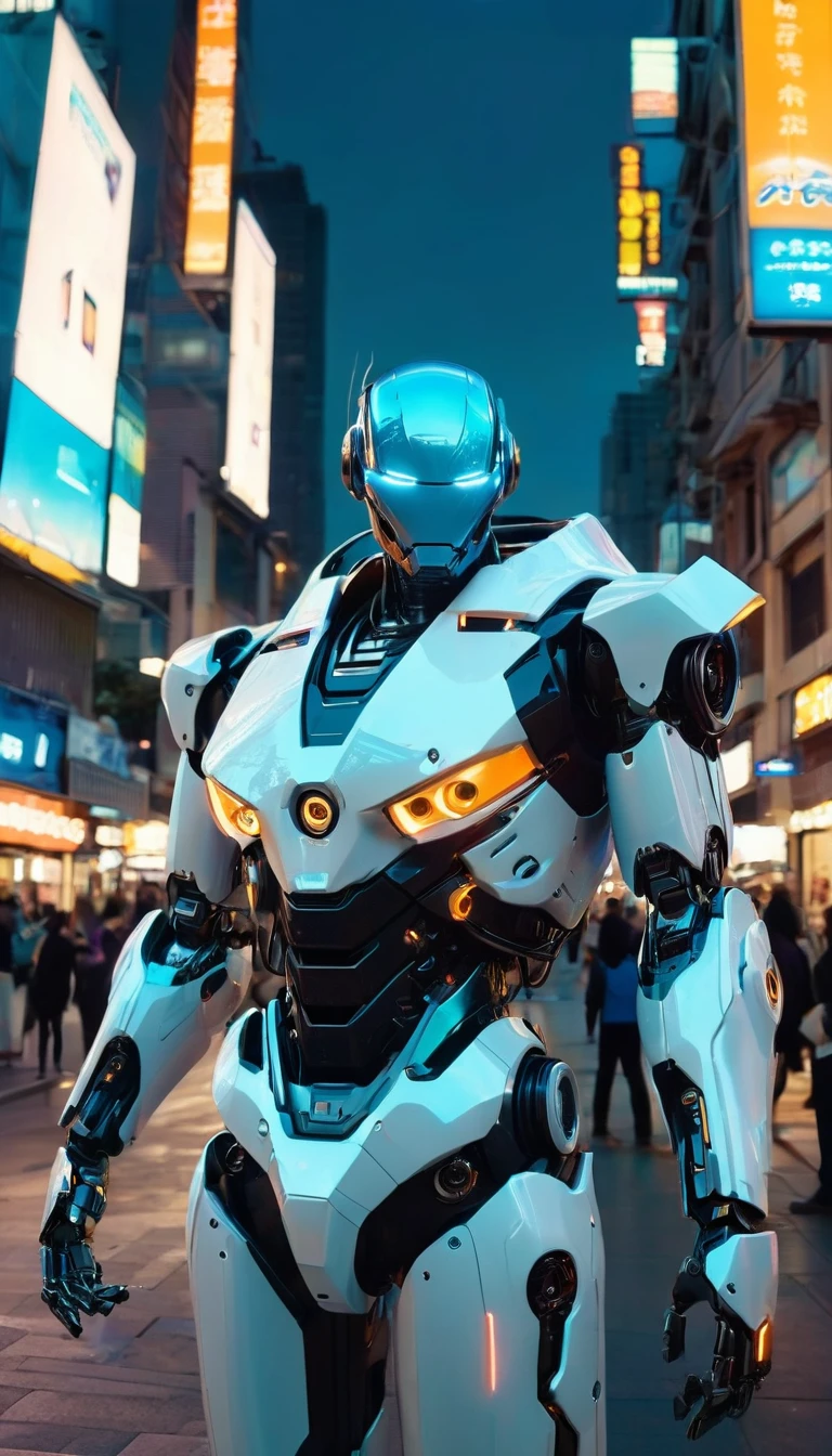 The image depicts a large, humanoid robot standing in the middle of a city street at dusk. The robot is predominantly white with black and blue accents, and it has a sleek, futuristic design with a visor-like head and articulated limbs. The setting suggests a modern, possibly advanced urban environment, with illuminated signs and buildings that give off a neon glow. The robot appears to be a sentinel or guardian, standing tall and poised, as if it is on duty to protect the city. The overall atmosphere is one of anticipation and the intersection of technology with everyday life.