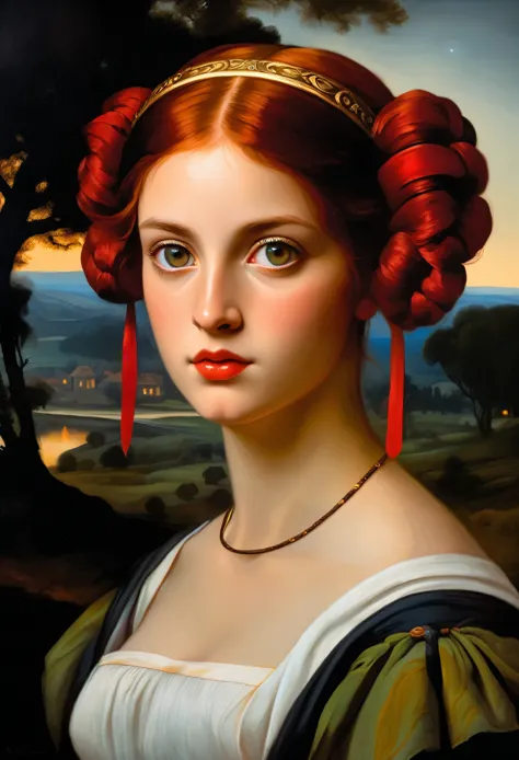 [[(front full portrait: (young hera hilmar) (solo) with big eyes and a red short hair pigtails twins, apple)((agnolo bronzino st...