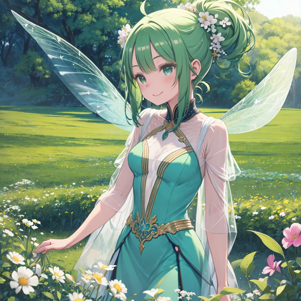 masterpiece、highest quality、High resolution、Very detailed、Close-up、Medium wide shot、Girl、Fairy、Fairy、Dragonfly feathers、Green Hair、Chignon、Green dress、See-through clothing、Lots of flowers、grassland、Very 、flying、smile、Fantasy、field、