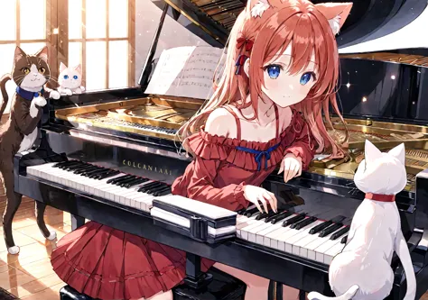 1 girl,anime girl playing piano with cat sitting on the piano, full piano, pianist, playing piano, piano in the background,piano...