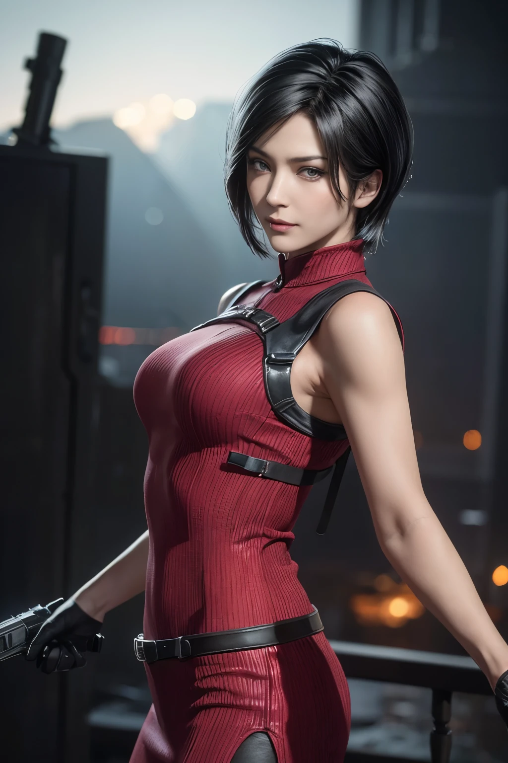 1 rapariga， solo， Ada Wong in Resident Evil 4 Remake， short detailed hair， brunette color hair， Red cheongsam， Short-sleeved shirt， Nero， nedium breasts， upper limbs， hindquarters， Black heels， Adriana's face， Find your audience， sly smile， A pistol was hung on her waist， best qualtiy， hight resolution：1.2， 18th century village in the background， Shadowing， Nightmare， rays of moonlight， Upper body photography， Low camera angle、depth of fields、center focused