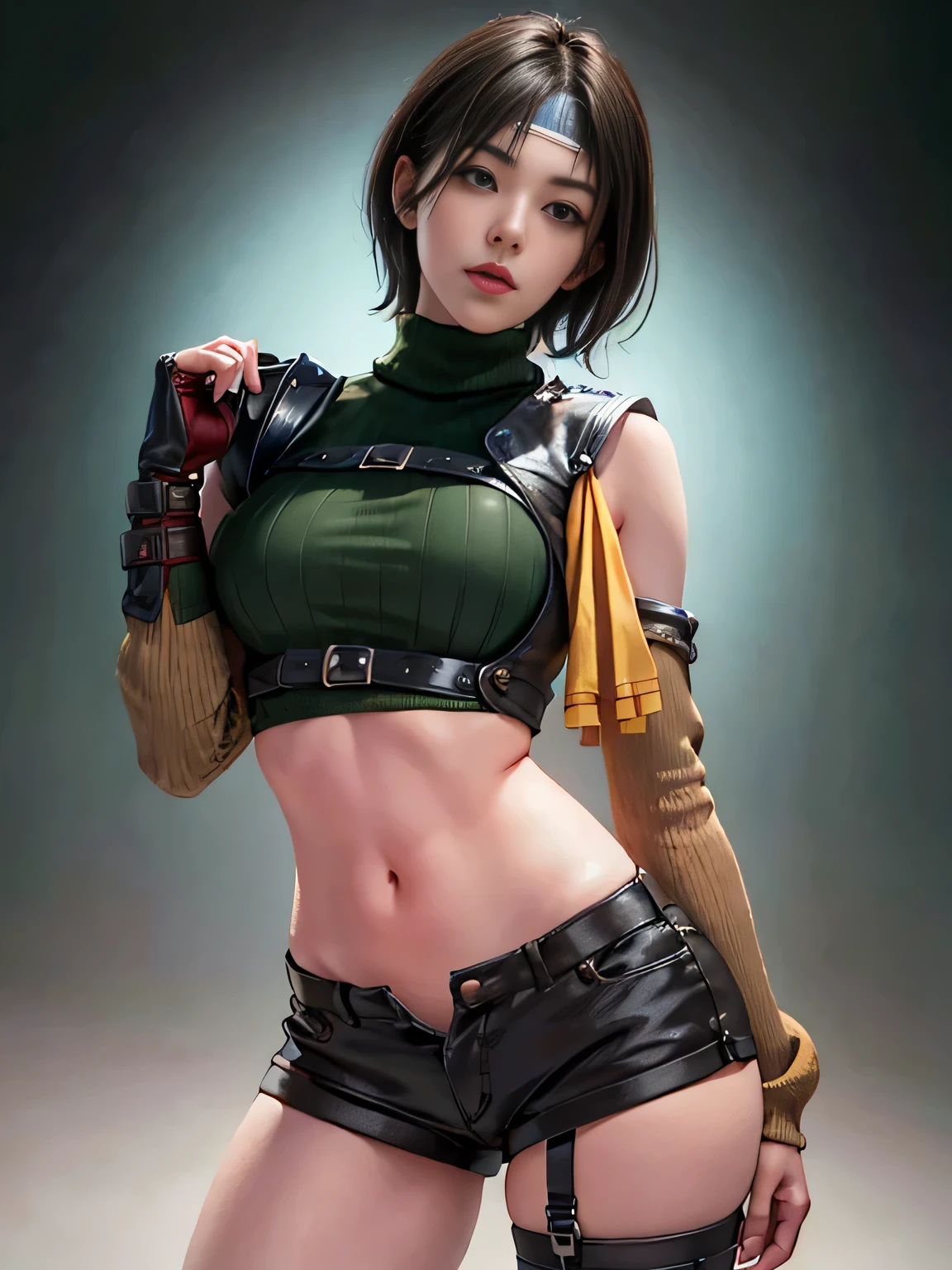 Masterpiece, Best quality:1.4), (1girll), Solo, (European youth:1), 1girll, Short hair, Headband navel, Sleeveless, Turtleneck, Brown eyes, sleeveless turtleneck, Solo, Breasts, view the viewer, Sexy smile, mitts, Crop top, Brown hair, Shorts, midriff, Armor, Sweater, open fly, Fingerless gloves, ribbed sweater, Medium breasts, Yuffie_Kisaragi_01, Girls surreal, highdetailskin, Digital SLR, Soft lighting, High quality, Highly detailed face, Highly detailed skin, skin pore, Subsurface scattering, Realistic pupils, Medium breast, full pouty lips, Detailed background, Depth of field, Sharp focus, absurderes, Realistic proportions, Good anatomy, (Realistic, Hyperrealistic:1.4), 16K HD,