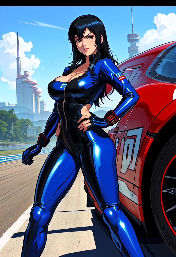 (a cartoon picture of a solo woman in a blue latex suit inspired by: nico robin, tifa lockhart, marin kitagawa fanart, hinata hyuga, mayuri shiina, character from king of fighters, drawn like the anime speed racer), seductive anime girl,  thicc, biomechanical oppai, on a racetrack, oppai, wearing tight suit, cyberpunk racetrack, (illustration inpired by : f zero, redline, wipeout, speed racer and king of fighters)