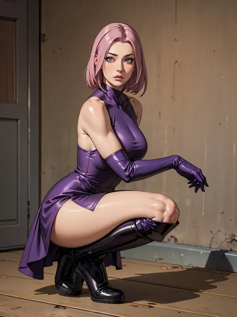 full body, realistic, young woman, puple hair, purple dress, puple gloves, puple knee highboots