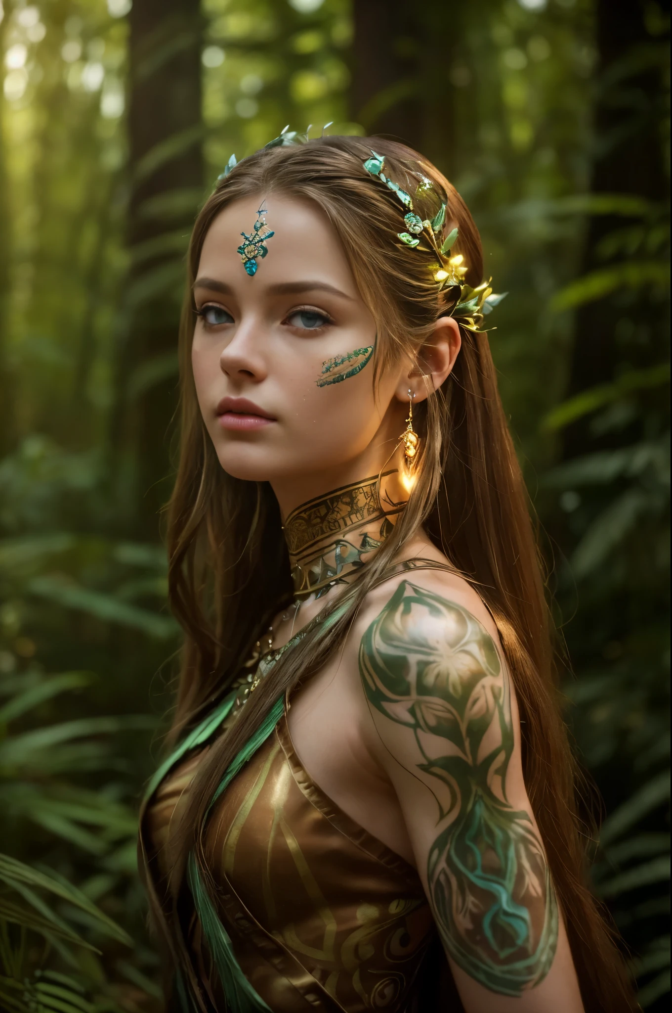 (cinematic photograph of a detailed beautiful 18-year old woman with ((facial and body characteristics that is similar to Kristina Pimenova))), (), ((Avatar Fantasy World: Theme: Otherworldly and lush fantasy. Clothing: Nature-inspired attire with earthy tones.
    Scene: A forest or a setting reminiscent of Pandora. Props: Glowing flora, tribal accessories, or face paint.)), (), (), finely detailed, ultra-realistic features of her pale skin and (slender and athletic body), and (symmetrical, realistic and beautiful face), candid, (), (), (()), (), film stock photograph,  rich colors, hyper realistic, lifelike texture, dramatic lighting, strong contrast