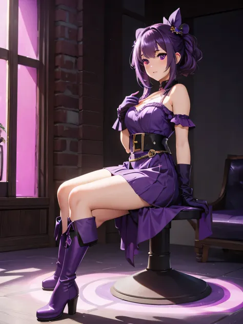 Full body, cute woman, purple dress, purple hair, purple eyes, detailed eyes, blush, short purple gloves, purple boots