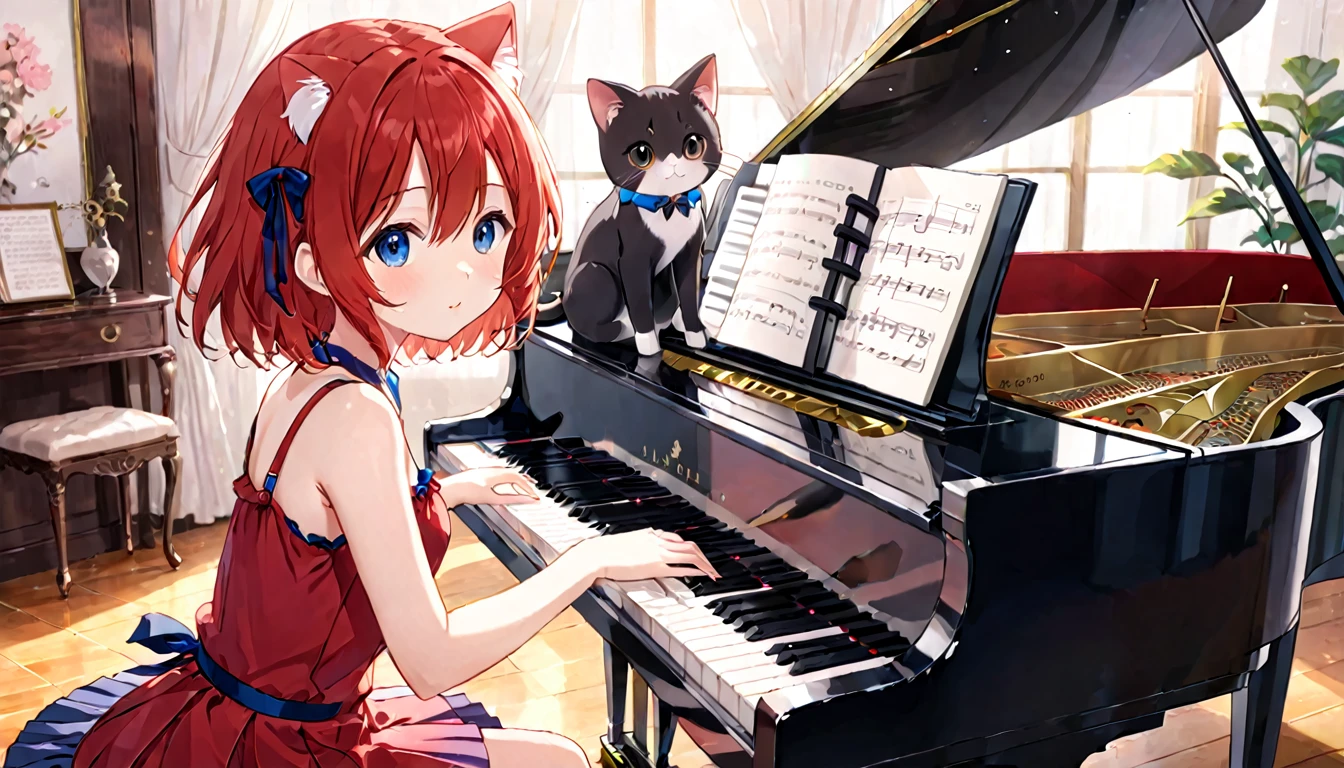 1 girl,anime girl playing piano with cat sitting on the piano, full piano, pianist, playing piano, piano in the background,piano, anime highly detailed, official artwork, anime cover, fine details. ,BREAK kawaii,{red dress|blue dress},Fluttery pleated skirt, collarbone visible
