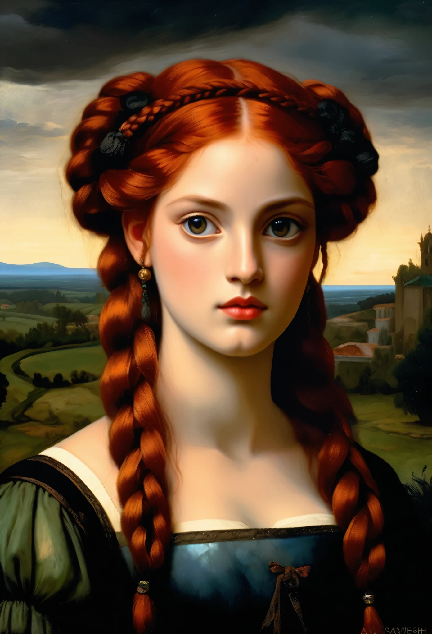 [[(front full portrait: (young Hera Hilmar) (solo) with big eyes and a red  hair two braids, apple)((Agnolo Bronzino style!!!))])):20]/[background: landscape
 dark Renaissance, old canva, (noir night), ((russian landscape style Alexey Savrasov:1,6))]/[two-color lighting, ((oil painting palette knife))((masterpiece)),((highest detail))]]