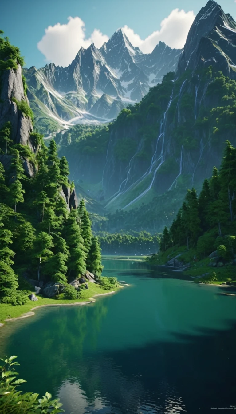 A highly detailed and visually stunning landscape, with towering mountains, a serene lake, and lush green forests. Photorealistic, cinematic, 4K.