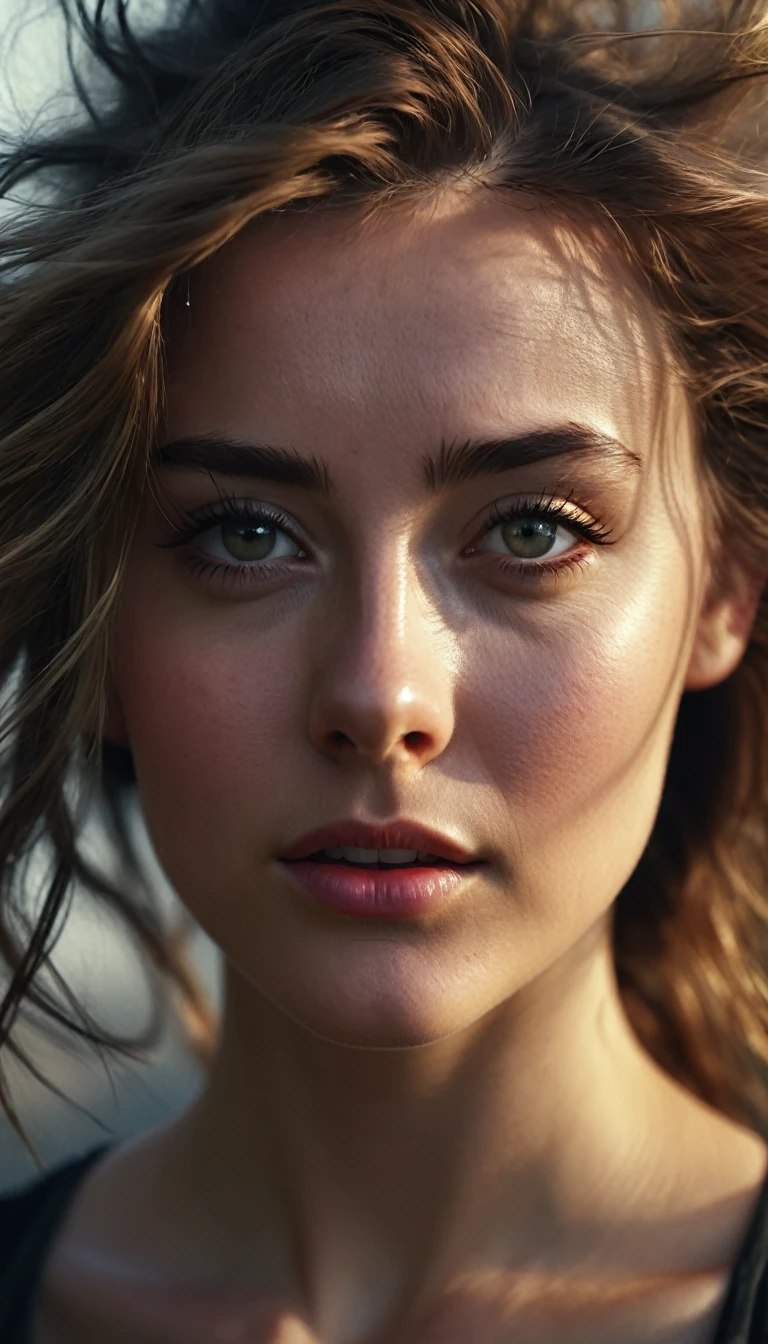 A close-up portrait of a young woman with striking features, windswept hair, and an intriguing facial expression. Photorealistic, dramatic lighting, 4K.