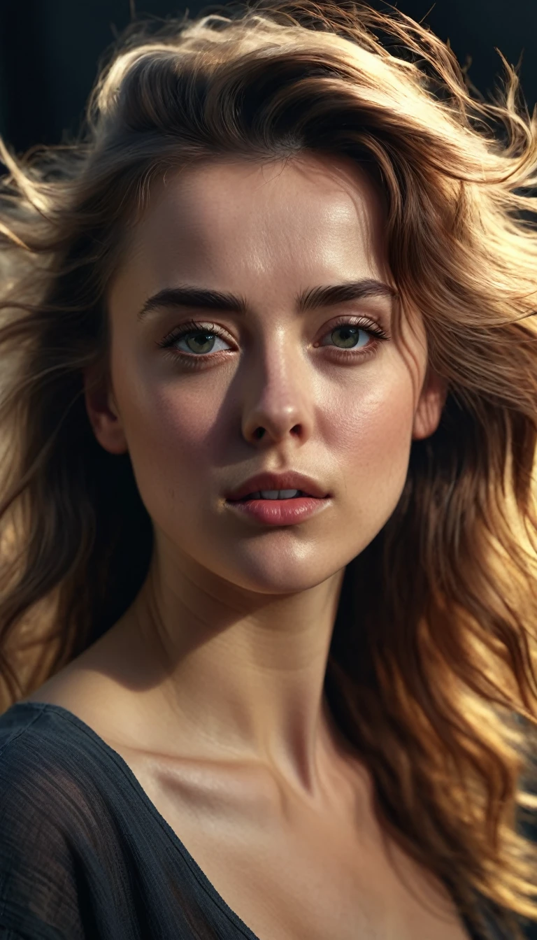 A close-up portrait of a young woman with striking features, windswept hair, and an intriguing facial expression. Photorealistic, dramatic lighting, 4K.