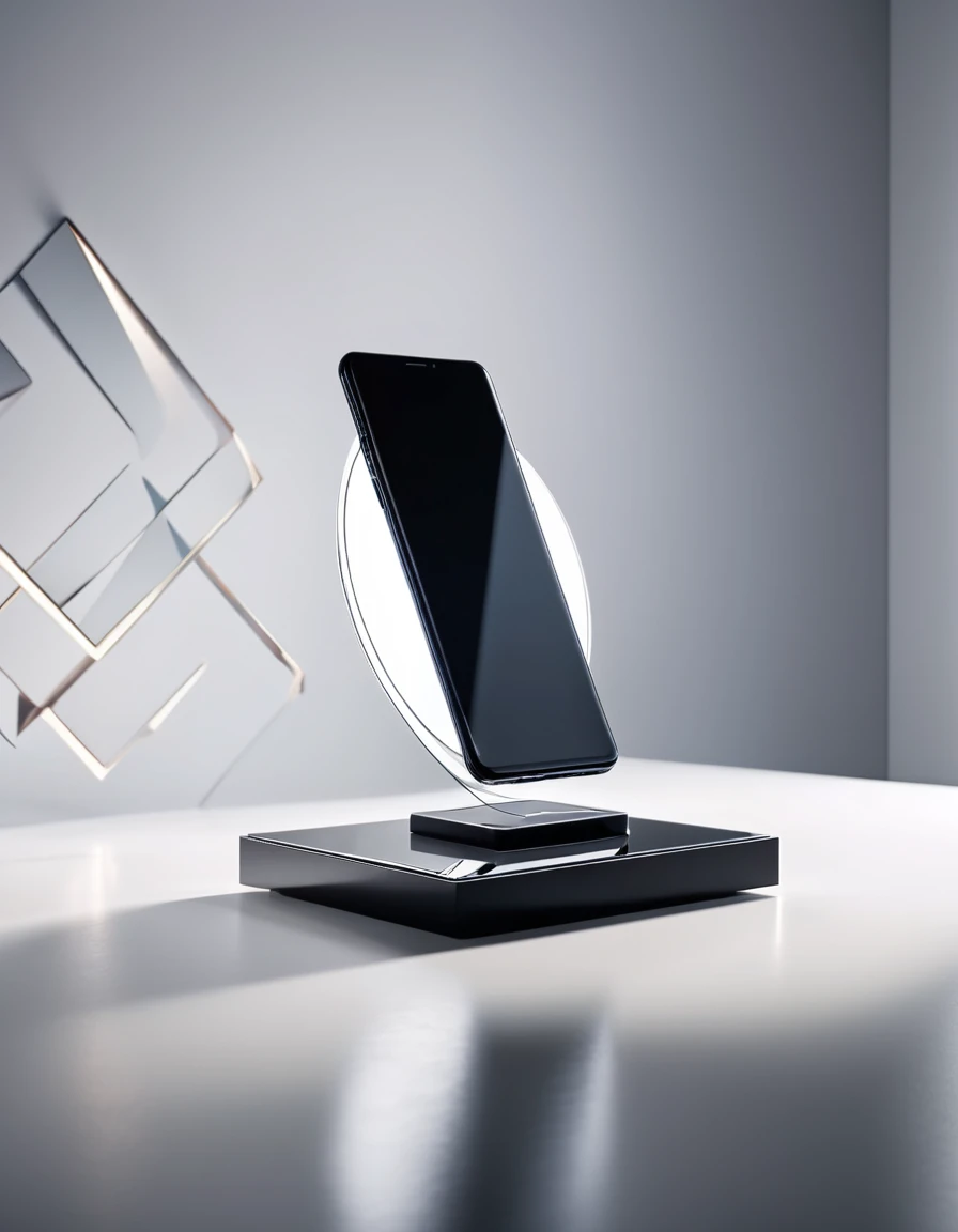 A sleek and modern product photography scene, with a minimalist smartphone hovering above a polished surface with geometric light patterns. Cinematic, high contrast, 8K.