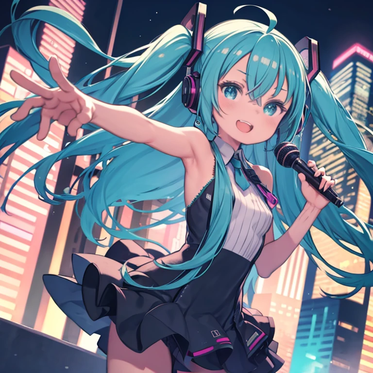 A girl with blue hair and headphones is pointing at something、(highest quality,4K,8k,High resolution,masterpiece:1.2),Very detailed,Vibrant colors,Beautiful details,Beautiful lip detail,Cute girl with long turquoise twin tails,stylized cel shading,Dynamic pose,Neon cityscape background,Singing on the rooftop,Anime-style artwork,Happy and cheerful expression,Lens flare,The city lights in her eyes,Hatsune Miku