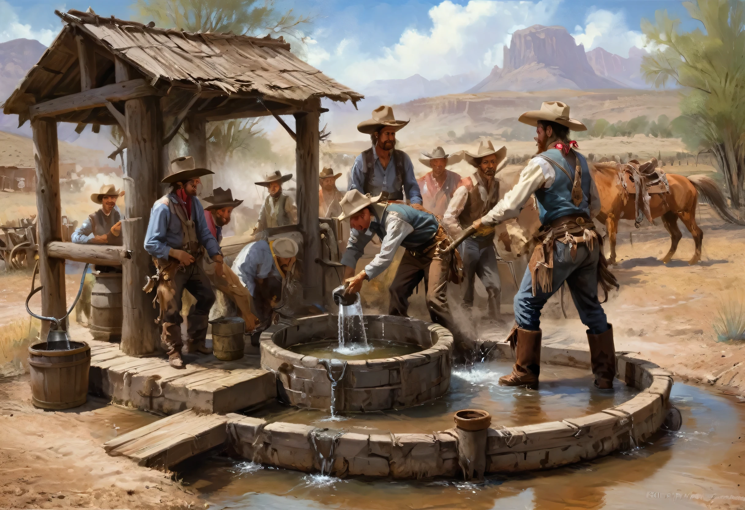 Vida de campo, Período de la Frontera Occidental, Vaqueros bombeando agua de un pozo, (obra maestra), (mejor calidad), (Detalle ultra alto)