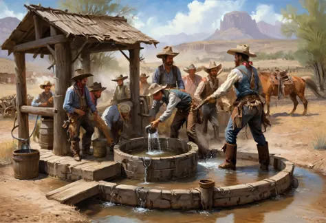 Country life, Western Frontier period, Cowboys pumping water from a well, (masterpiece), (Best quality), (Ultra High Detail)