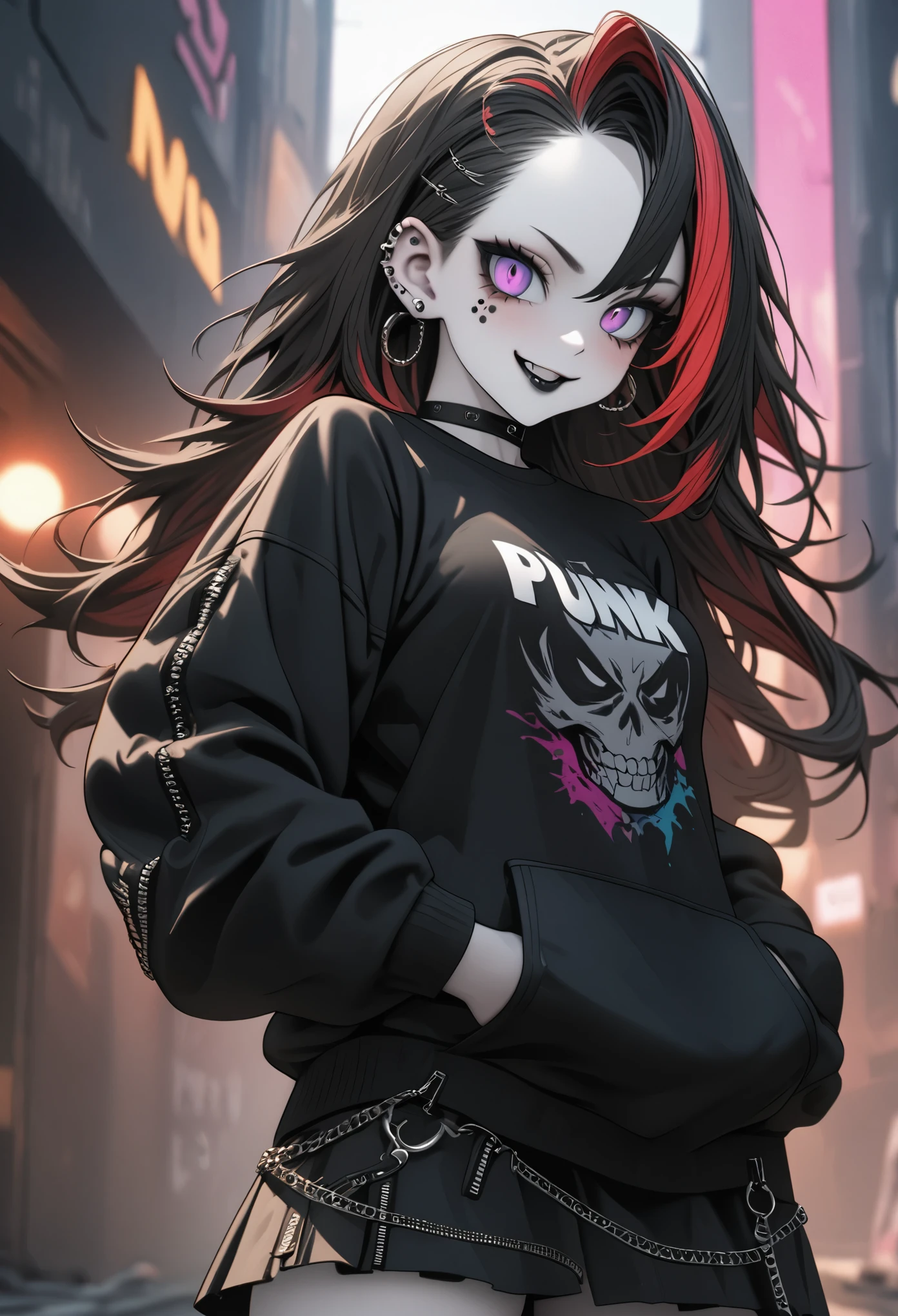 (absurdres), 8k, ((masterpiece)), (hyper extreme detailed:1.2), solo, 1girl, (perfect face), portrait, expressive eyes, standing, (cute girl), (Vibrant Pose), perfect hands, pale skin, (friendly), excited, punk rock, Long Hair, (Multicolored Hair), black choker, black lipstick, Piercings, Ear Piercings, Lip Piercings, (small breast), smile, street clothing, perfect anatomy, (hands in pockets), (graphic t-skirt), anatomically correct, cowboy shot, 