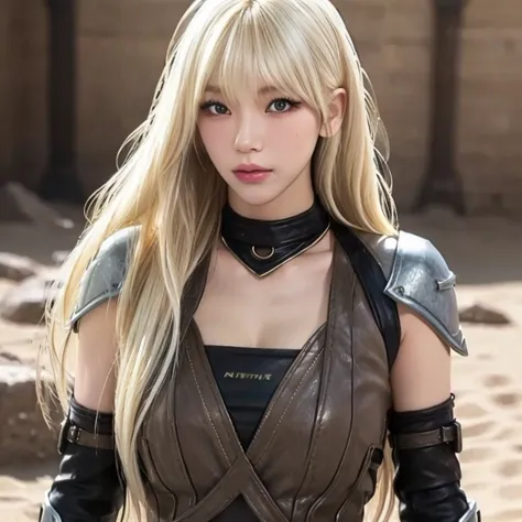 a woman with long blonde hair with bangs, with clothes similar to kitana in mortal kombat 9, black, she is in a sandy environmen...