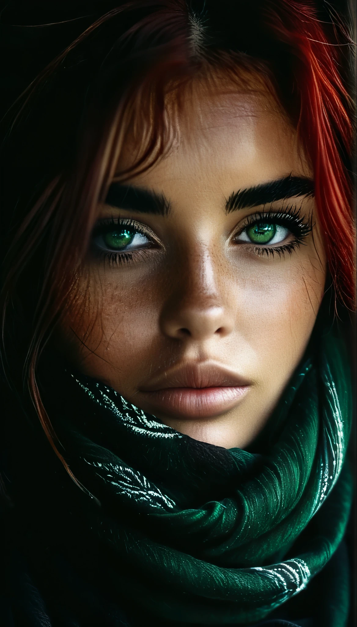 black and white photo, (medium shot:1.37), portrait of a woman,scarf on head, the same scarf covers mouth and nose,beautiful dark green eyes, red hair, few strands of hair visible,(best quality,4k,8k,highres,masterpiece:1.2),ultra-detailed,(realistic,photorealistic,photo-realistic:1.37),oil painting style,warm color tones,soft lighting, Low-key lighting Style