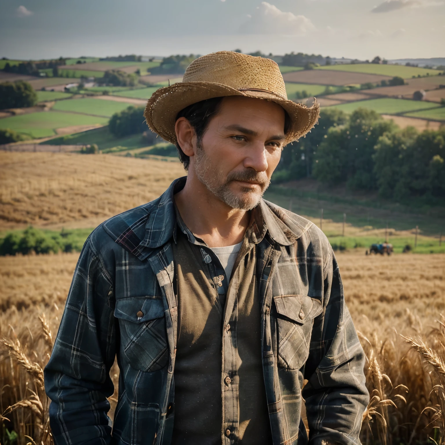 (melhor qualidade, Ultra-detalhado, realista:1.37), Retrato, Cabelo preto, 4 fazendeiros, vestindo uma camisa xadrez vermelha, chapéu de palha [tema agrícola], cenário rústico, vastas terras agrícolas, Campos de trigo dourado, uma cerca de madeira [equipamento agrícola tradicional], um trator antigo, luz solar da manhã, cores quentes e vibrantes, pinceladas precisas, detalhes realistas