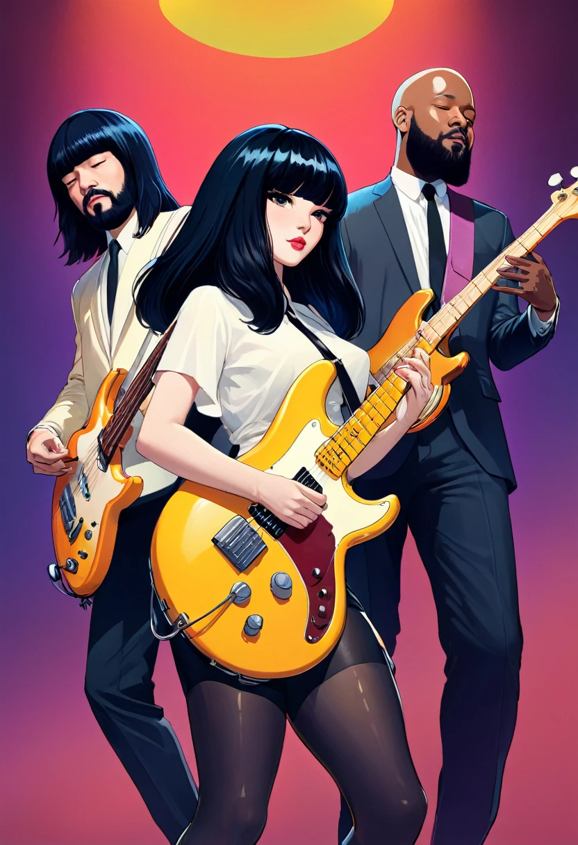 Khruangbin, die Musikband, bestehend aus Mark Speer, einem weißen Gitarristen mit langer schwarzer Perücke, Laura Lee, eine weiße Bassistin mit langer schwarzer Perücke, und Donald Johnson ein schwarzer Mann bärtig kahl Schlagzeuger ohne Perücke. Sie spielen eine Show auf der Bühne. Erstellen Sie im Stil von Ilya Kuvshinov