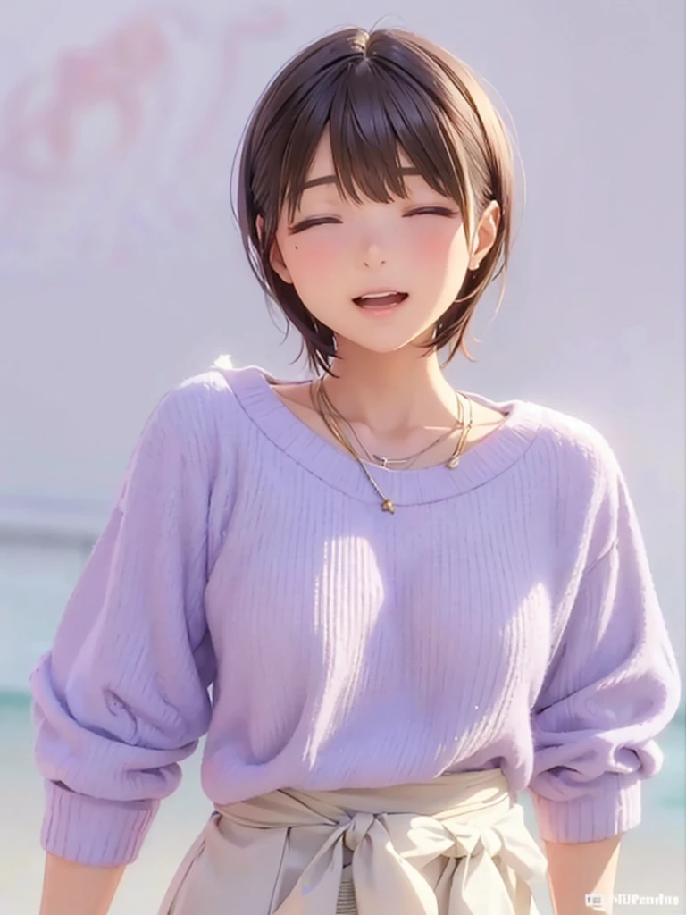 High resolution,In 8K,highest quality,detailed,Semi-realistic anime,Anime 3D Style,Smooth anime CG,One Girl,19-year-old woman in Japan,slim,Modeled,Shiny brown hair,Medium Hair,detailedな顔,Beautiful and detailed,Glowing Skin,Lilac sweater,necklace,straggling hair,Angelic hairstyle,Small breasts,((close your eyes)),((Open your mouth)),((Laughter))