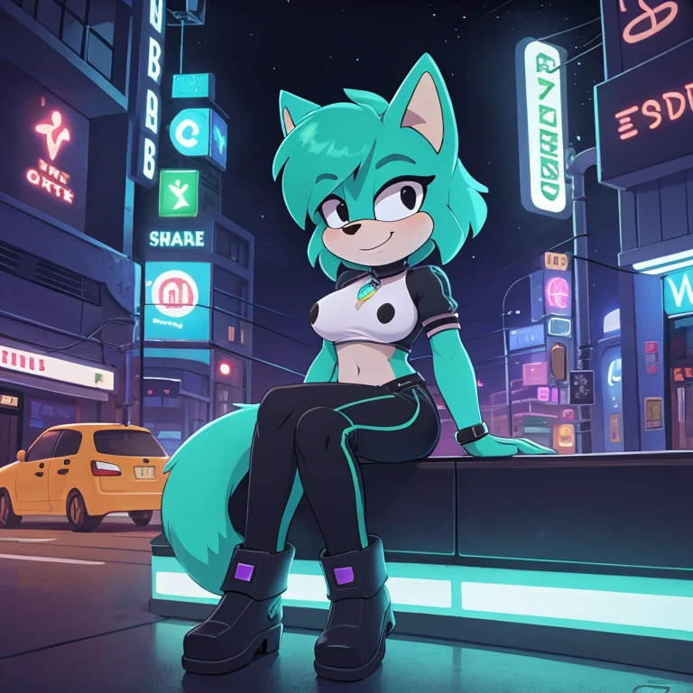 female Mobian, noite, cidade de néon, cidade ciberpunk, cidade futurista, turquoise cat Mobian, Mobian, olhos pretos, nariz pequeno, Corte de cabelo curto, cabelo curto, pele turquesa, pêlo branco da barriga, cauda felpuda, cauda longa, seios médios, sorriso pretensioso, sentado, roupas futuristas, roupas avançadas, roupas pretas, botas robóticas brancas, detalhes intrincados, obra de arte, melhor qualidade, alta qualidade, qualidade de estúdio, Melhor detalhe, Detalhe perfeito, Refinar detalhes