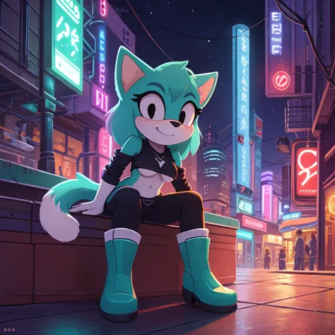 female mobian, night, neon city, cyberpunk city, futuristic city, turquoise cat mobian, mobian, black eyes, small nose, bob hair...