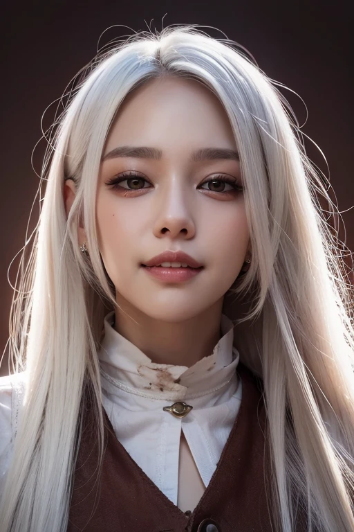 Beautiful girl with brown eyes and white hair, blood on the mouth smiling 