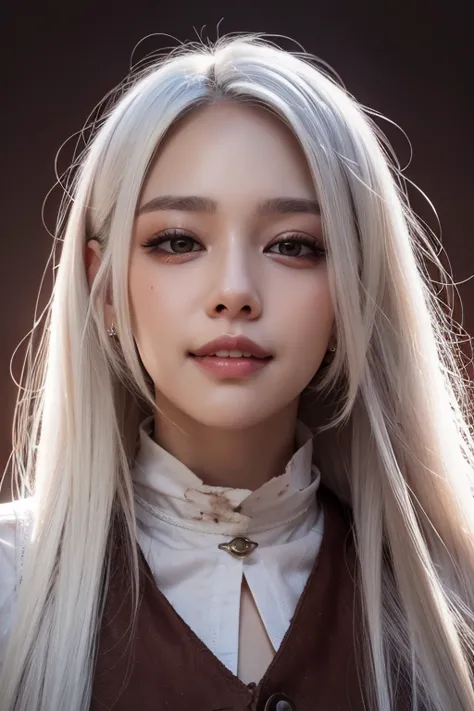 beautiful girl with brown eyes and white hair, blood on the mouth smiling