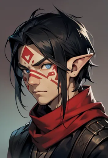 Concept ART, Human Male Young ager , pointer Elf ears,((face tribal markings)) , blue pupils  ,Black hair , red Torn Scarf , Ban...
