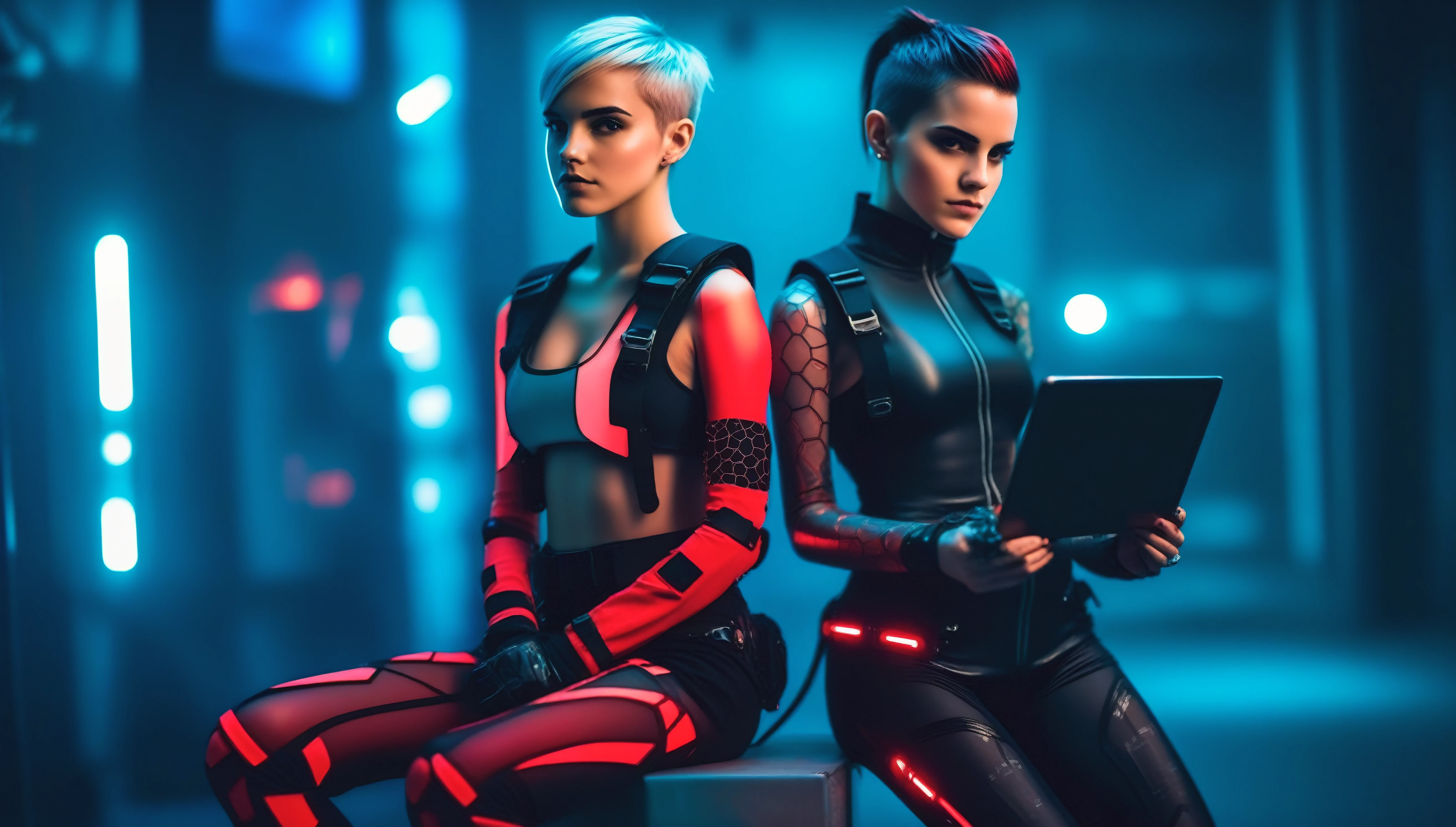 Two young female hackers sitting in a cyberpunk hackerspace with large windows in a cyberpunk metropolis facing the viewer, right arm resting on her waist, left arm held forward holding a transparent smart tablet, short silverwhite undercut haircut, immaculate skin, thoughtful look on her face, sweat on her skin, full lips, small breasts, legs crossed, fullbody black and red skintight cyberpunk underarmor with intricate hexagon pattern, synthetic utility vest with attached wearable computer, black leather utility belt with multimeter and some probes attached, thigh high black latex boots, cutoff gloves, no makeup, natural fingernails, emma watson, edgFut_clothing, neons, electric circuits