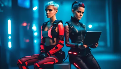 Two young female hackers sitting in a cyberpunk hackerspace with large windows in a cyberpunk metropolis facing the viewer, righ...