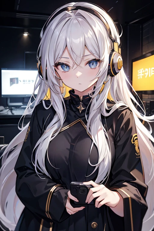 golden eyes、Woman using computer with big screen、silber hair、Semi-long hair、Wearing cool headphones,{{{{{{{{ Black Parker Oversize }}}}}}}},beautiful and delicate golden eyes,Thinking,Black clothes,