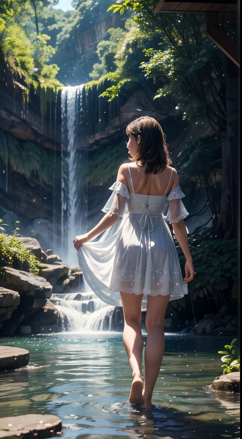 1girl, realistic beautiful young woman, wearing colorful dress, waterfall, walking under the waterfall, with her back to the audience, ethereal beauty, full body, character ratio is only 1/8, lake surface, ((large grove)), Tyndall ray, realism, cinematic lighting, ray tracing, optical illusion, lens flare, 120mm, f/1.2, sony fe gm, ultra hd, retina, masterpiece, ((best quality)), ((masterpiece)), (very detailed: 1.3)