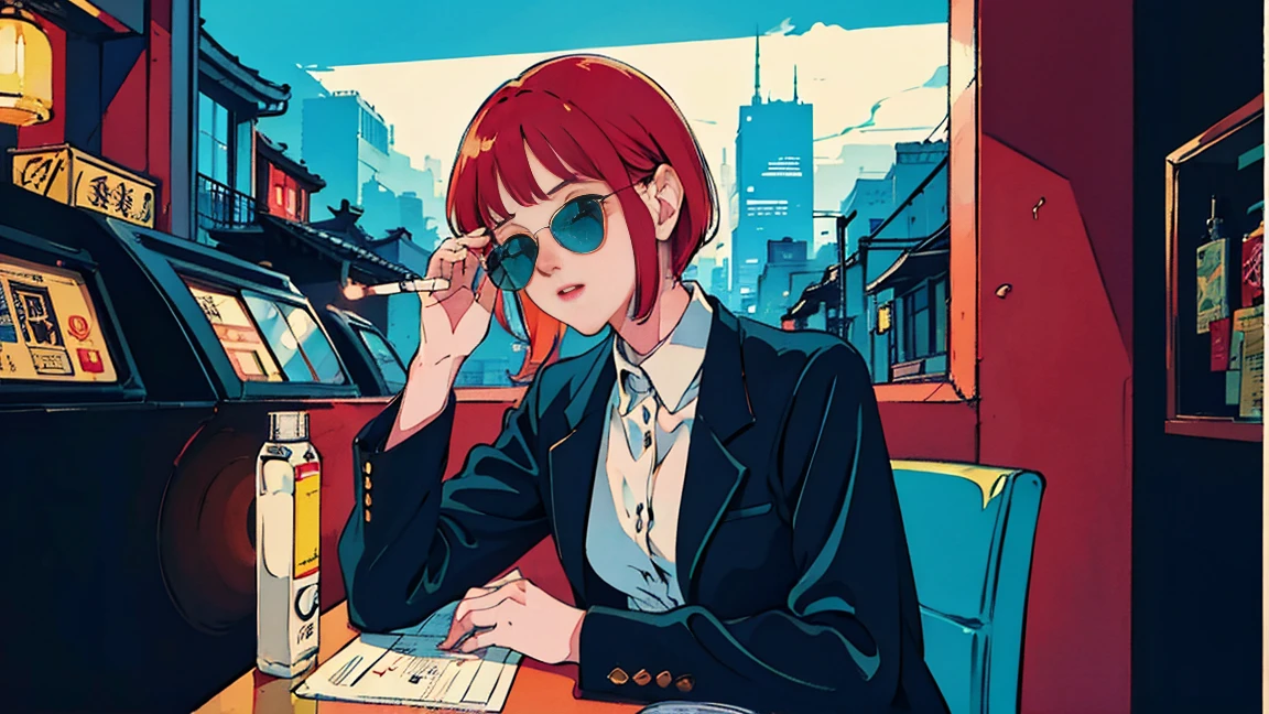 Hermosa chica asiática con pelo rojo sentada en un restaurante por la noche, visto a través de una ventana, cara perfecta, Gafas de sol, fumando un cigarrillo blanco hecho a medida, NeónNegro, (retroiluminado: 1.1), sombra dura, obra maestra, mejor calidad, Intrincado, estilo de sesión de modelo, antiguo, grano de la película, Unidad de detalles incompletos,Citypop,cinta de casete,registro