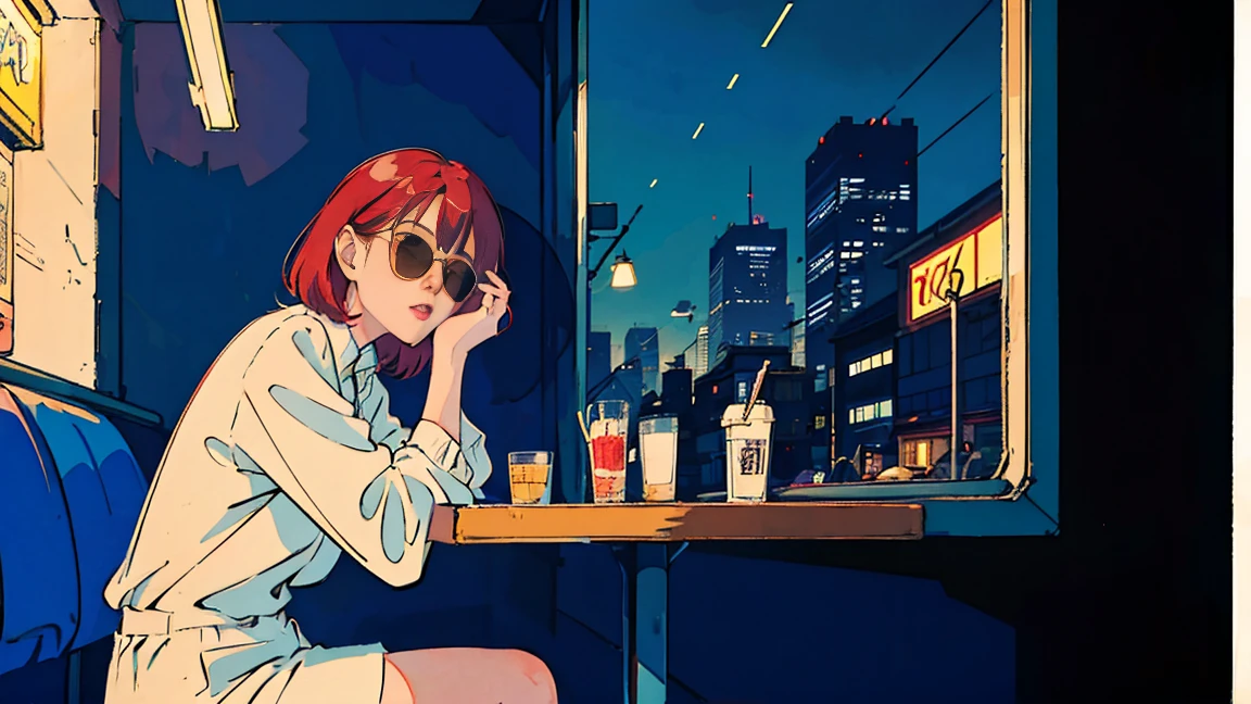 beautiful asian girl with red hair sitting in a diner at night, seen through a window, perfect face, sunglasses, smoking a white tailor made cigarette, NeonNoir, (backlit: 1.1), hard shadow, masterpiece, best quality, Intricate, modelshoot style, vintage, film grain, Incomplete details drive,citypop,cassettetape,record