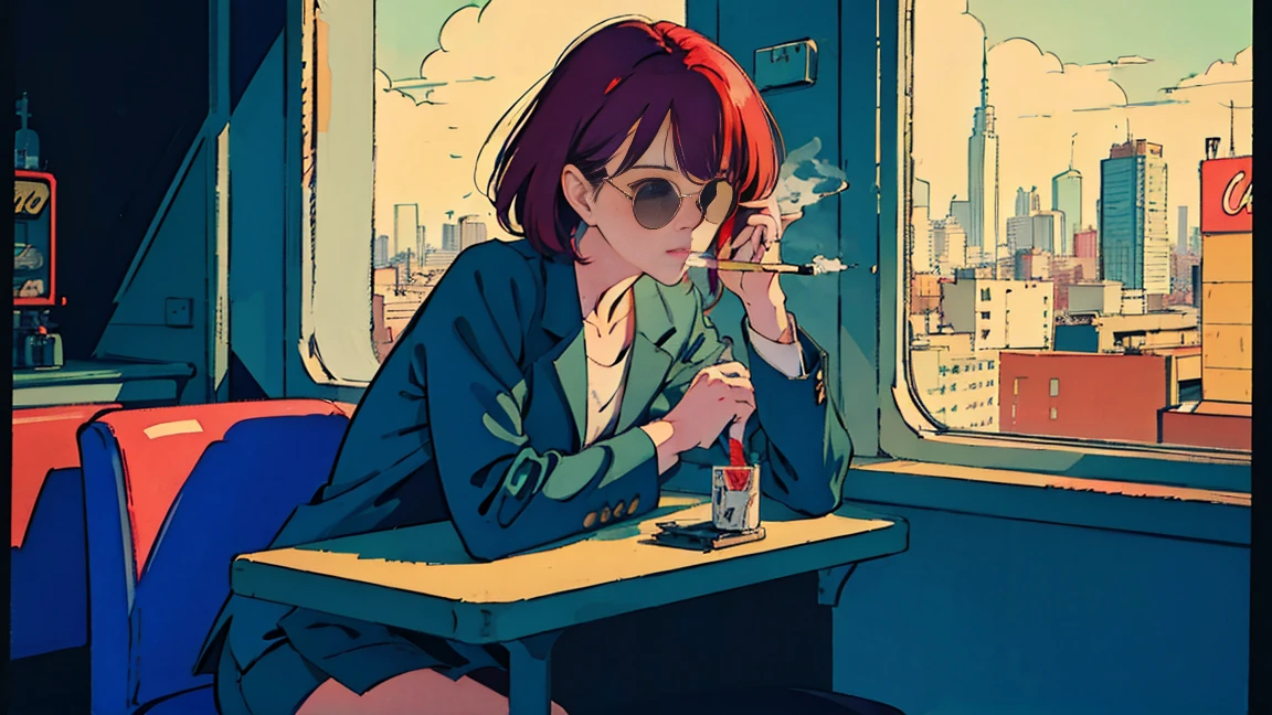 beautiful asian girl with red hair sitting in a diner at night, seen through a window, perfect face, sunglasses, smoking a white tailor made cigarette, NeonNoir, (backlit: 1.1), hard shadow, masterpiece, best quality, Intricate, modelshoot style, vintage, film grain, Incomplete details drive,citypop,cassettetape,record