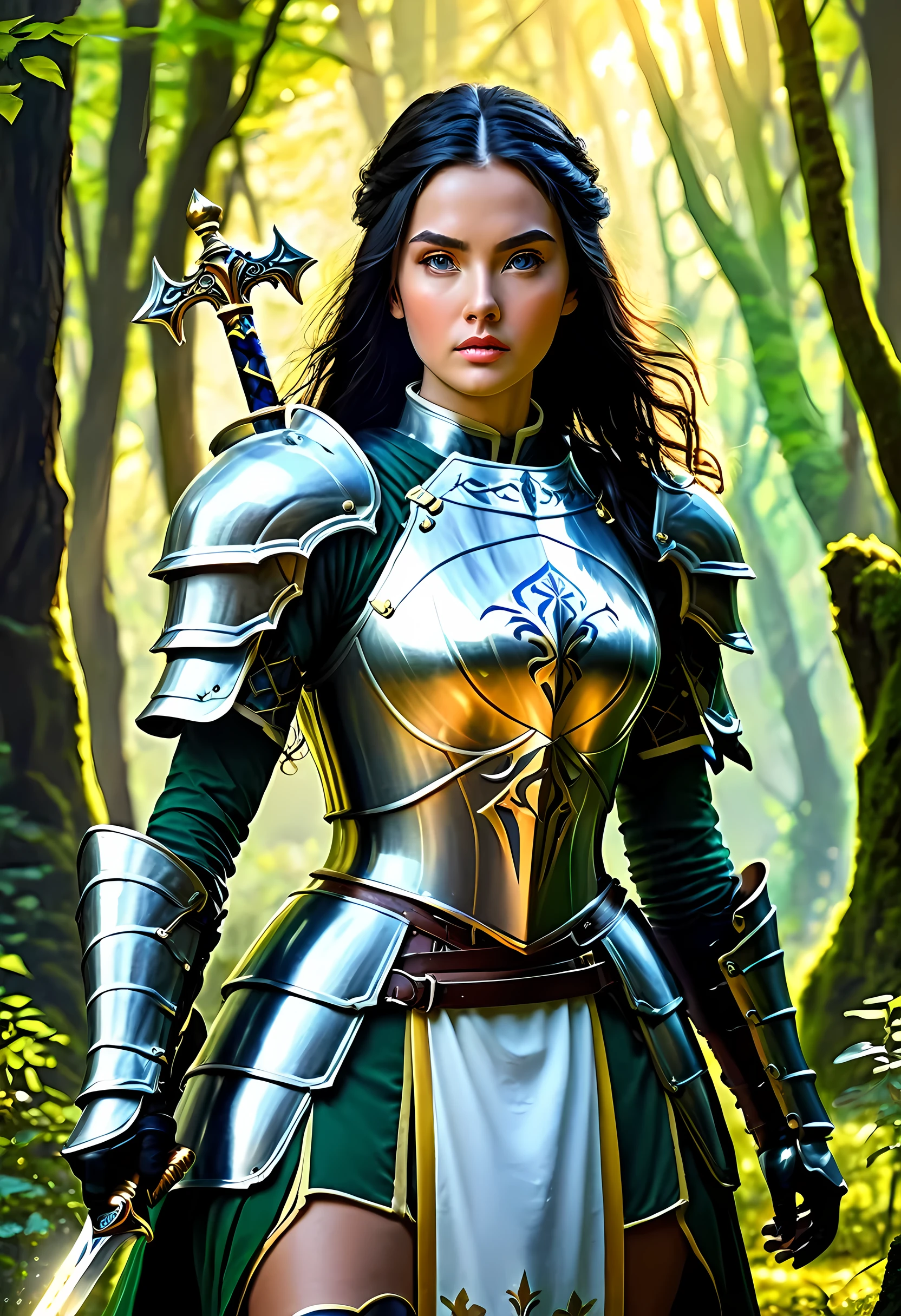 a picture of woman paladin of nature protecting the forest, a woman knight, black hair, long hair, full body (best details, Masterpiece, best quality :1.5), ultra detailed face (best details, Masterpiece, best quality :1.5), ultra feminine (best details, Masterpiece, best quality :1.5), (black hair: 1.2), long hair, braided hair, pale skin, (deep blue: 1.2) eyes, intense eyes, wearying heavy armor, (white armor: 1.2)  (best details, Masterpiece, best quality :1.5), (green cloak: 1.2) , armed with a sword, glowing sword GlowingRunes_yellow, fantasy forest background, D&D art, RPG art, magical atmosphere magic-fantasy-forest, ultra best realistic, best details, best quality, 16k, [ultra detailed], masterpiece, best quality, (extremely detailed), ultra wide shot, photorealism, depth of field, hyper realistic painting, ArmoredDress