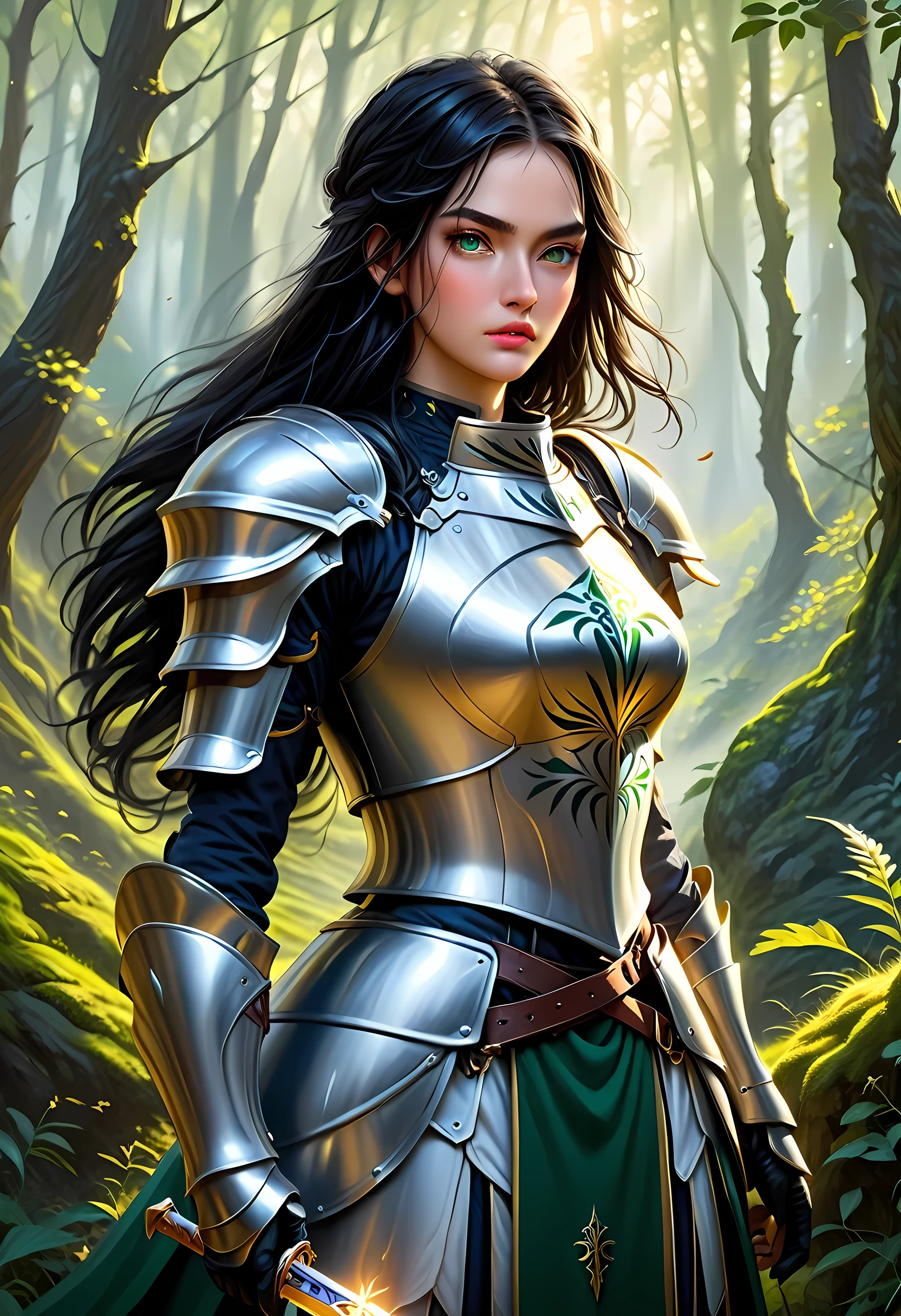 a picture of woman paladin of nature protecting the forest, a woman knight, black hair, long hair, full body (best details, Masterpiece, best quality :1.5), ultra detailed face (best details, Masterpiece, best quality :1.5), ultra feminine (best details, Masterpiece, best quality :1.5), (black hair: 1.2), long hair, braided hair, pale skin, (deep blue: 1.2) eyes, intense eyes, wearying heavy armor, (white armor: 1.2)  (best details, Masterpiece, best quality :1.5), (green cloak: 1.2) , armed with a sword, glowing sword GlowingRunes_yellow, fantasy forest background, D&D art, RPG art, magical atmosphere magic-fantasy-forest, ultra best realistic, best details, best quality, 16k, [ultra detailed], masterpiece, best quality, (extremely detailed), ultra wide shot, photorealism, depth of field, hyper realistic painting, ArmoredDress