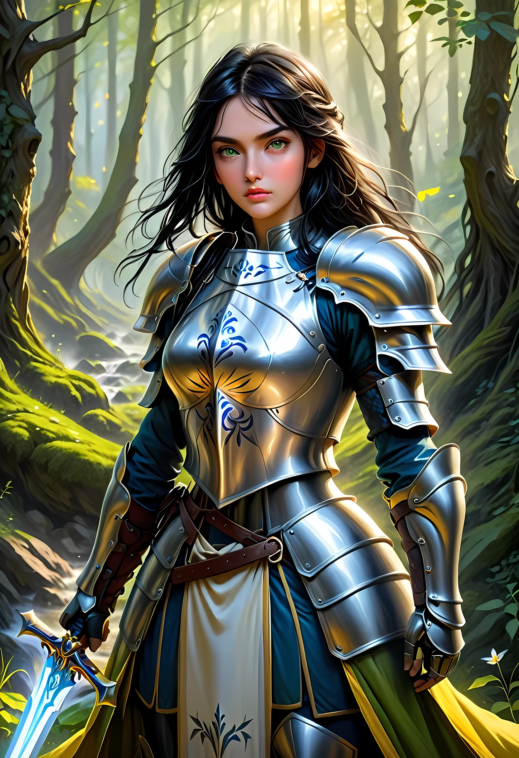 a picture of woman paladin of nature protecting the forest, a woman knight, black hair, long hair, full body (best details, Masterpiece, best quality :1.5), ultra detailed face (best details, Masterpiece, best quality :1.5), ultra feminine (best details, Masterpiece, best quality :1.5), (black hair: 1.2), long hair, braided hair, pale skin, (deep blue: 1.2) eyes, intense eyes, wearying heavy armor, (white armor: 1.2)  (best details, Masterpiece, best quality :1.5), (green cloak: 1.2) , armed with a sword, glowing sword GlowingRunes_yellow, fantasy forest background, D&D art, RPG art, magical atmosphere magic-fantasy-forest, ultra best realistic, best details, best quality, 16k, [ultra detailed], masterpiece, best quality, (extremely detailed), ultra wide shot, photorealism, depth of field, hyper realistic painting, ArmoredDress