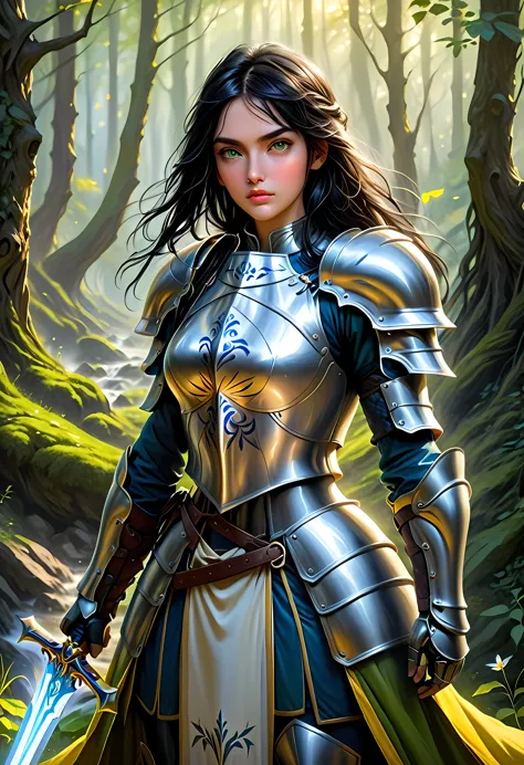 a picture of woman paladin of nature protecting the forest, a woman knight, black hair, long hair, full body (best details, Mast...