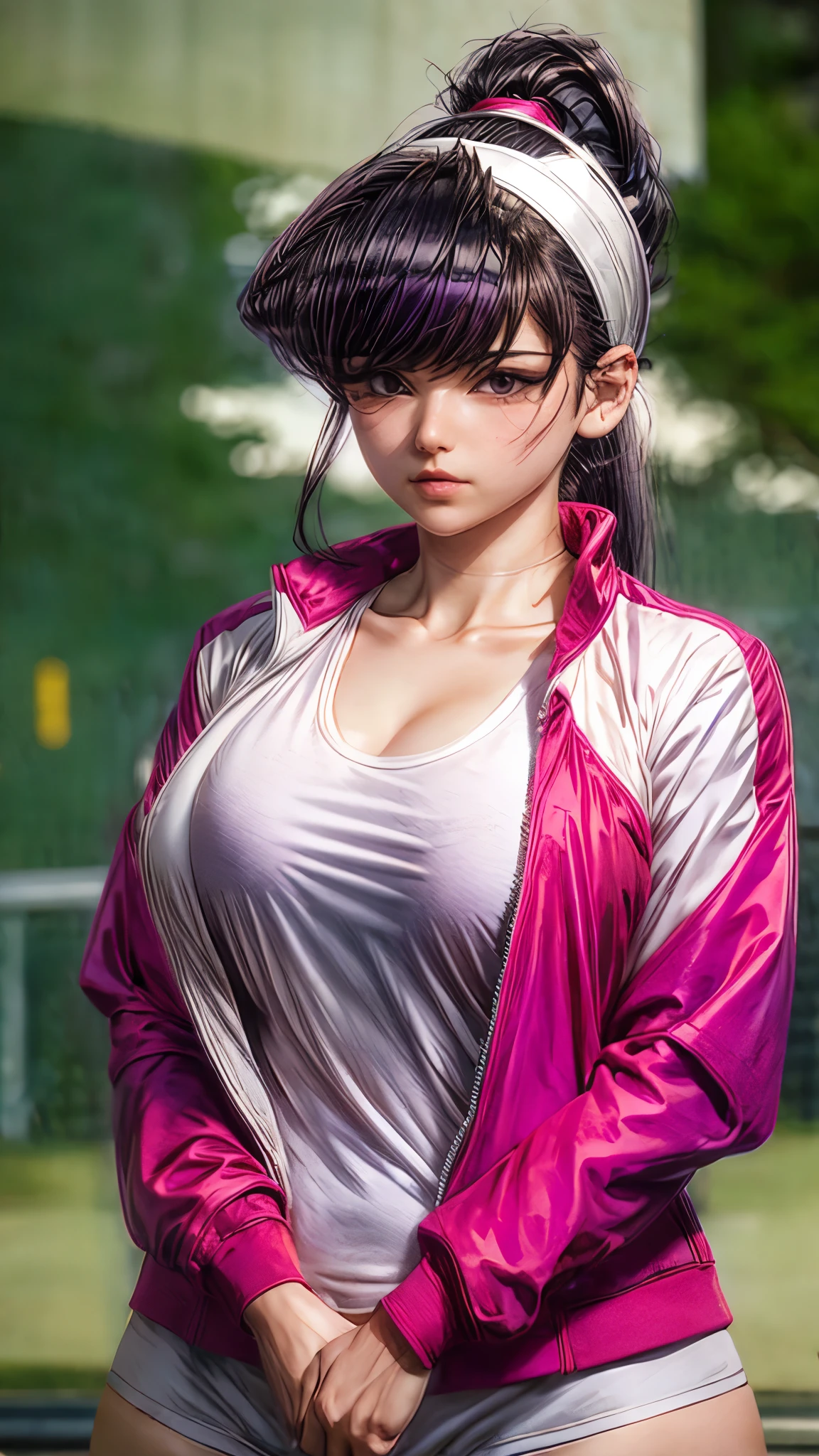 shokokomidef, purple hair, purple eyes, long hair, large breasts, thick thighs, curvy hips
looking at viewer, white shirt, red hairband, collarbone, outdoors, day, shirt, parted lips, swept bangs, headband, ponytail, gym uniform, tree, bangs, jacket, track jacket, upper body,
masterpiece, best quality,