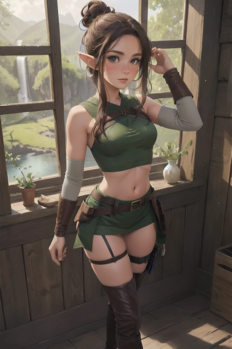 Masterpieces, best quality, perfect, wood, indoors, forest, elf, sfw,26 years old, mature woman, leather, small ears, blushing, freckles, facing viewer, brown hair, full body, archer, long torso, mouth open, glossy lips, large waist, thick thighs, Standing up in cabin , facing viewer, thigh high socks, hourglass shape, slim waist, thigh gap, cleavege, adult woman, cleavege window, large breasts, beautiful background, perfect landscape, the most peacefull place you've ever been, a welcoming woman, lush pastures, leg strap, leg holster, belt, hunger games, holding wooden bow, holding fancy elf bow, milf, thigh boots held up by leather waist strap, cleavege cutout, Beautiful waterfall visibal through window, holding throwing knifes, hair tied up in messy bun, sharp eyes