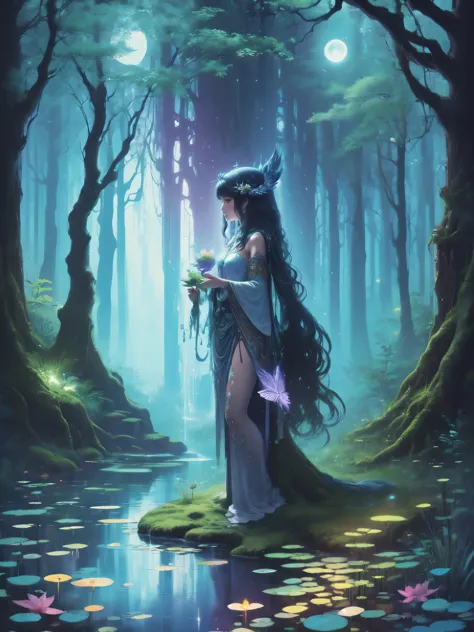 "Moonlit priestess, tropical oasis, magical pond, nocturnal mysteries, ethereal enchantment"